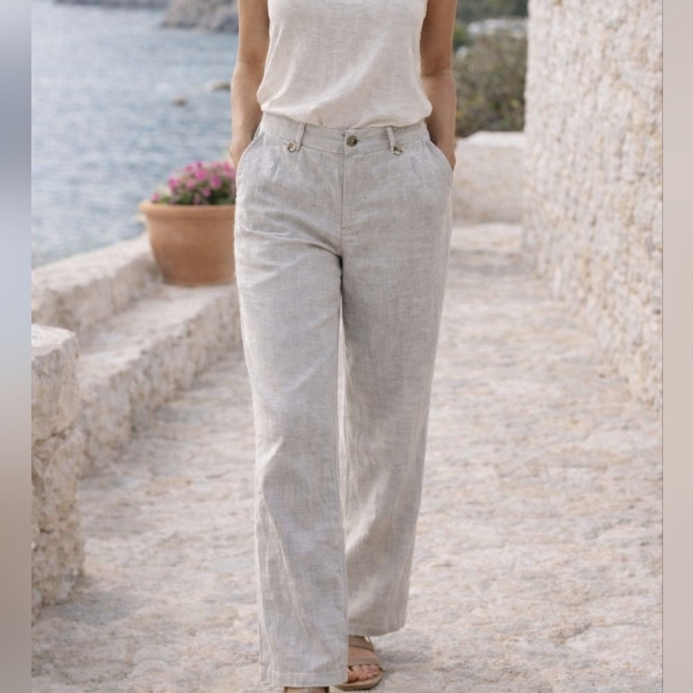 Womyn Linen Blend Trousers | Coastal Minimalist Pants | Light Gray | Size 10